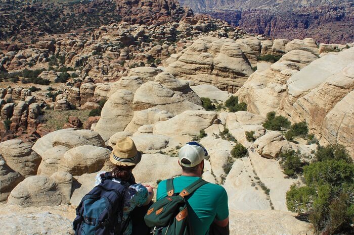 Tourists trekking in Dana Biosphere Reserve of Jordan