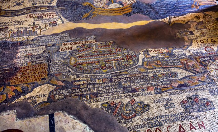 Ancient 6th Century moasaic cum map of at Saint George Greek Orthodox Church at Madaba in Jordan