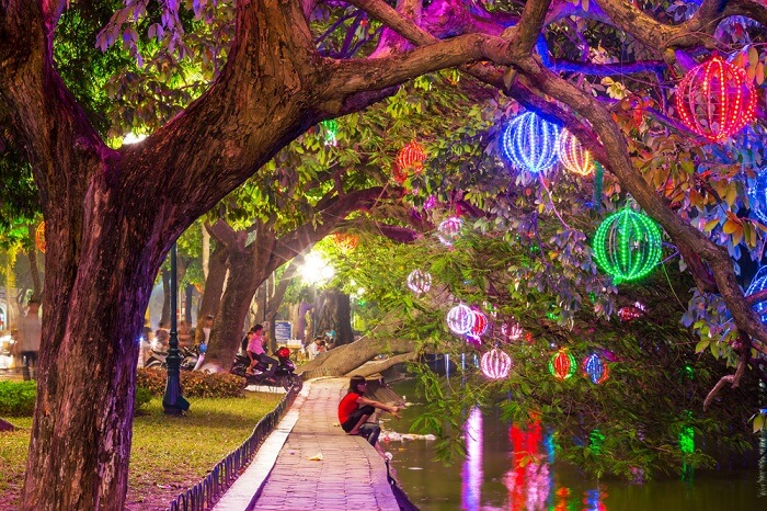 A well-lit garden in Hanoi