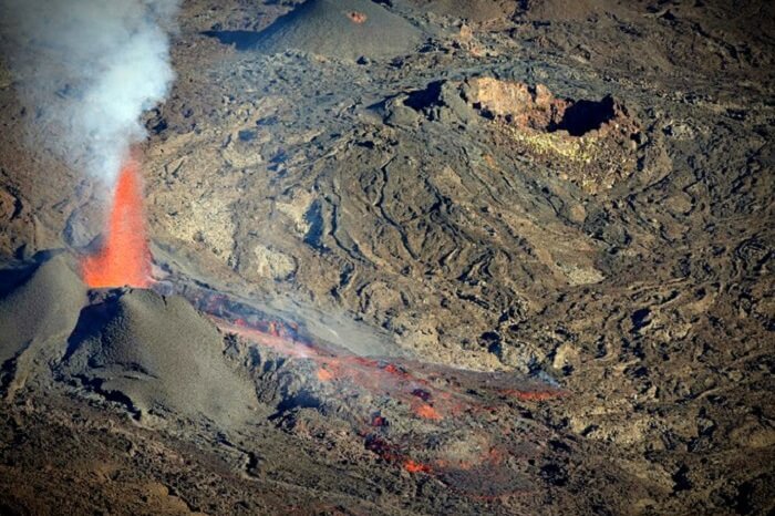 lava flowing out of a volcano in Reunion Island, France