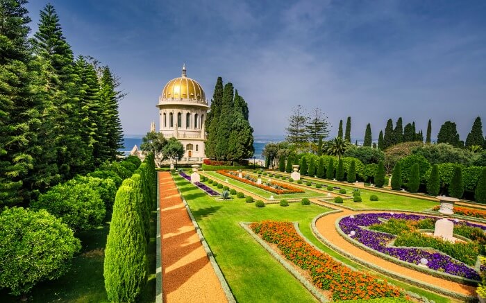 A view of Bahai gardens and temple on the slopes of the Carmel Mountain