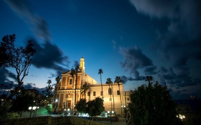 A view of St. Peters Church in Jaffa in Israel at night