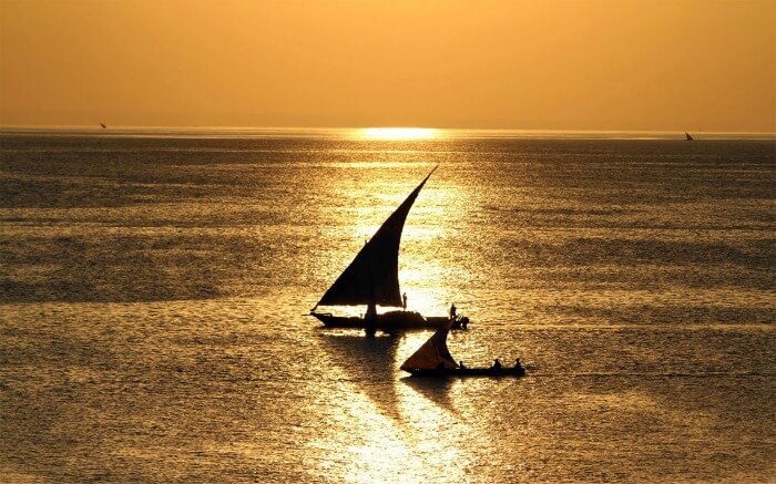 Dhow cruises on waters at sunset