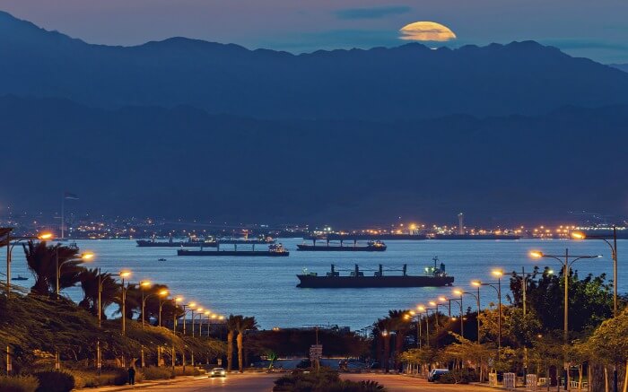 Supermoon phenomenon as seen from the coastal area of Eliat in Israel