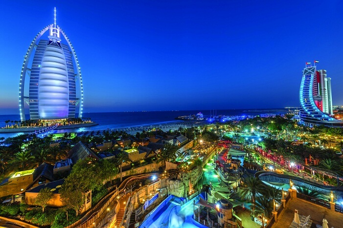 A panoramic night shot of the Wild Wadi Waterpark in Dubai