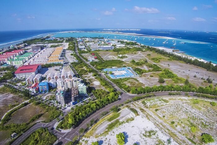 An aerial shot of the Hulhumalé island in Maldives