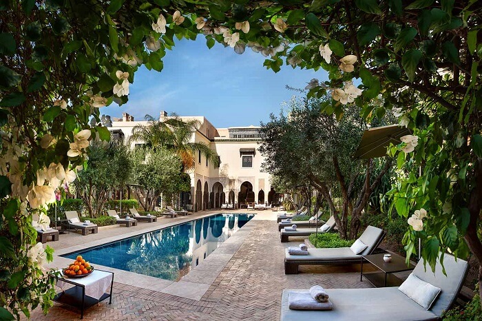 A view of the private swimming pool at the Villa des Orangers Riad in Marrakech in Morocco