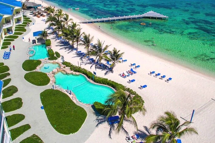 An aerial shot of the Wyndham Reef Resort on Grand Cayman Island