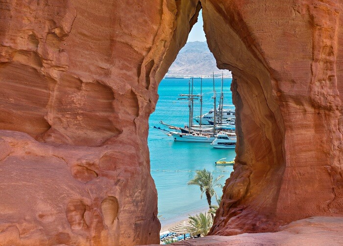View on the gulf of Aqaba with pleasure boats and yachts in marina of Eilat city