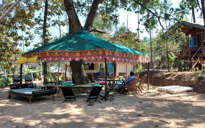 Outside seating area of the Secret Garden in Goa