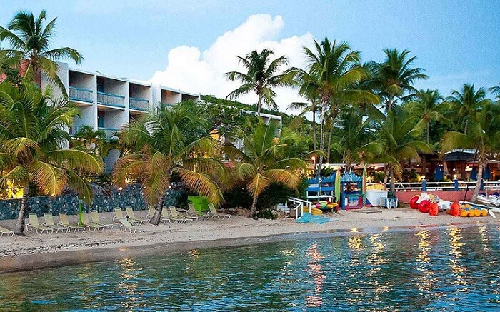 A view of the beach and the building of the Bolongo Bay Beach Resort in US Virgin Islands