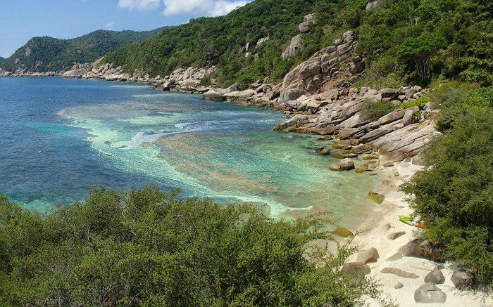 A rocky beach with turquoise water