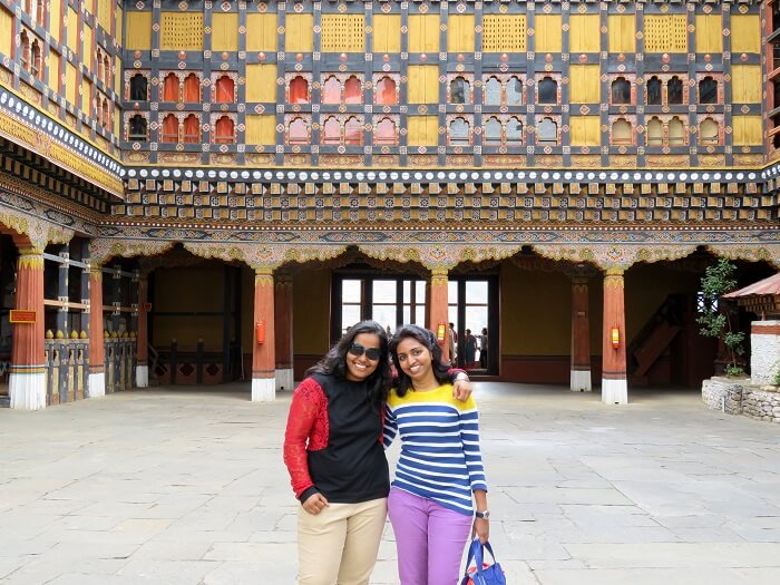 monali and friends at bhutan's monastery