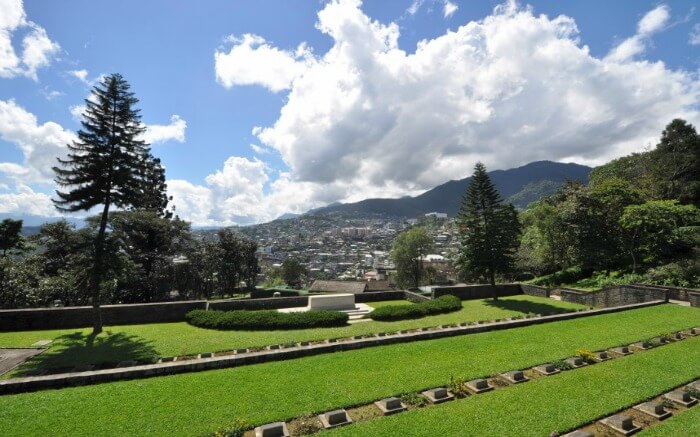 Views of the mountains from a manicured lawn