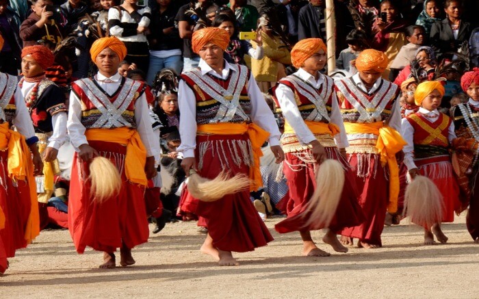 Young men dressed in traditional Meghalaya dresses for a festival