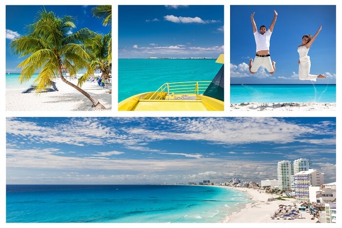 Collage with different views of Cancun capturing the various moments of a honeymoon in Mexico