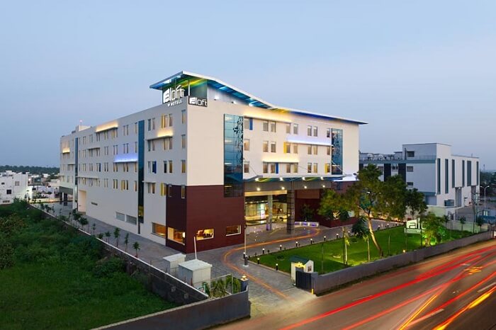 A shot of the exteriors of Aloft Coimbatore Singanallur hotel