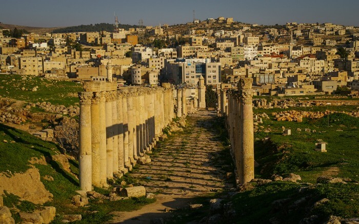 Ancient Jerash and modern Jerash in one picture