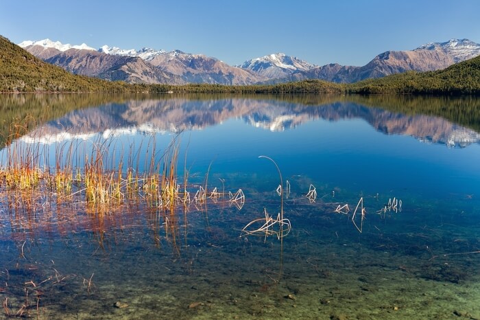 a reflection of snowclad mountains on Rara Lake
