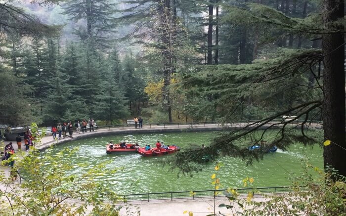 Tourists enjoying boating in a pond near Van Vihar in Manali