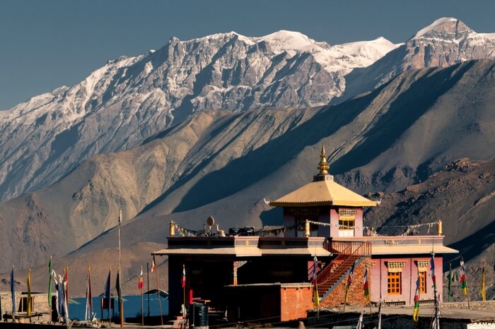Muktinath temple in the snow covered mountains of Nepal