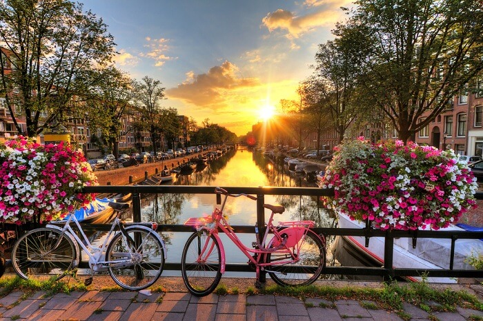 Beautiful sunrise over the river in Amsterdam