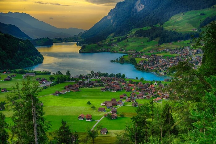 An aerial shot of the city of Wengen in Switzerland