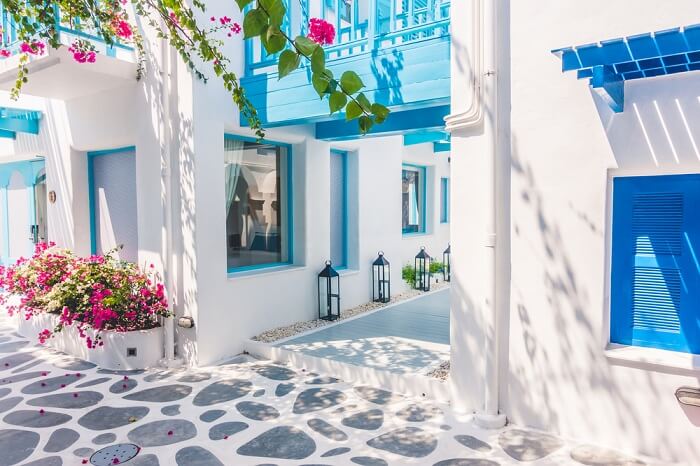 Beautiful architecture of building in Port Santorini In Greece