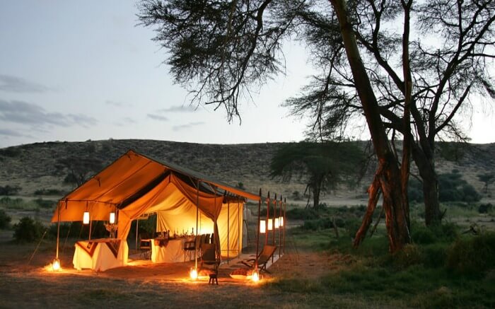 A well-lit Camp Malta in Kenya