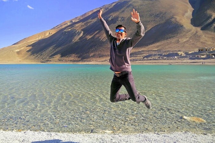 ninad jumping at pangong lake