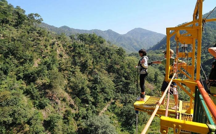 A woman ready for bungee jumping in Rishikesh