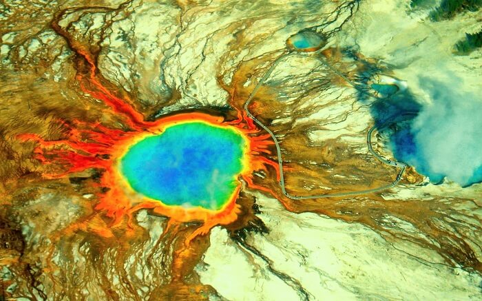 Aerial view of the Grand Prismatic Spring in Yellowstone National Park