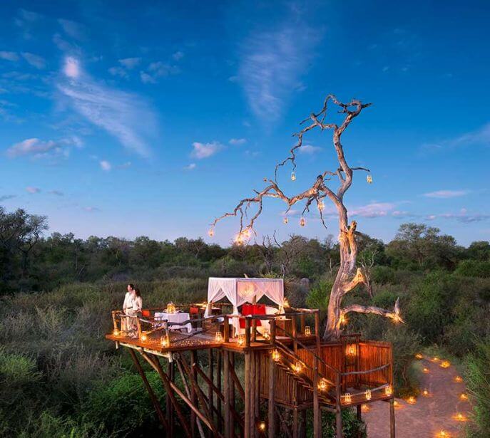 A couple standing atop the Chalkley Treehouse in Lion Sands in Africa