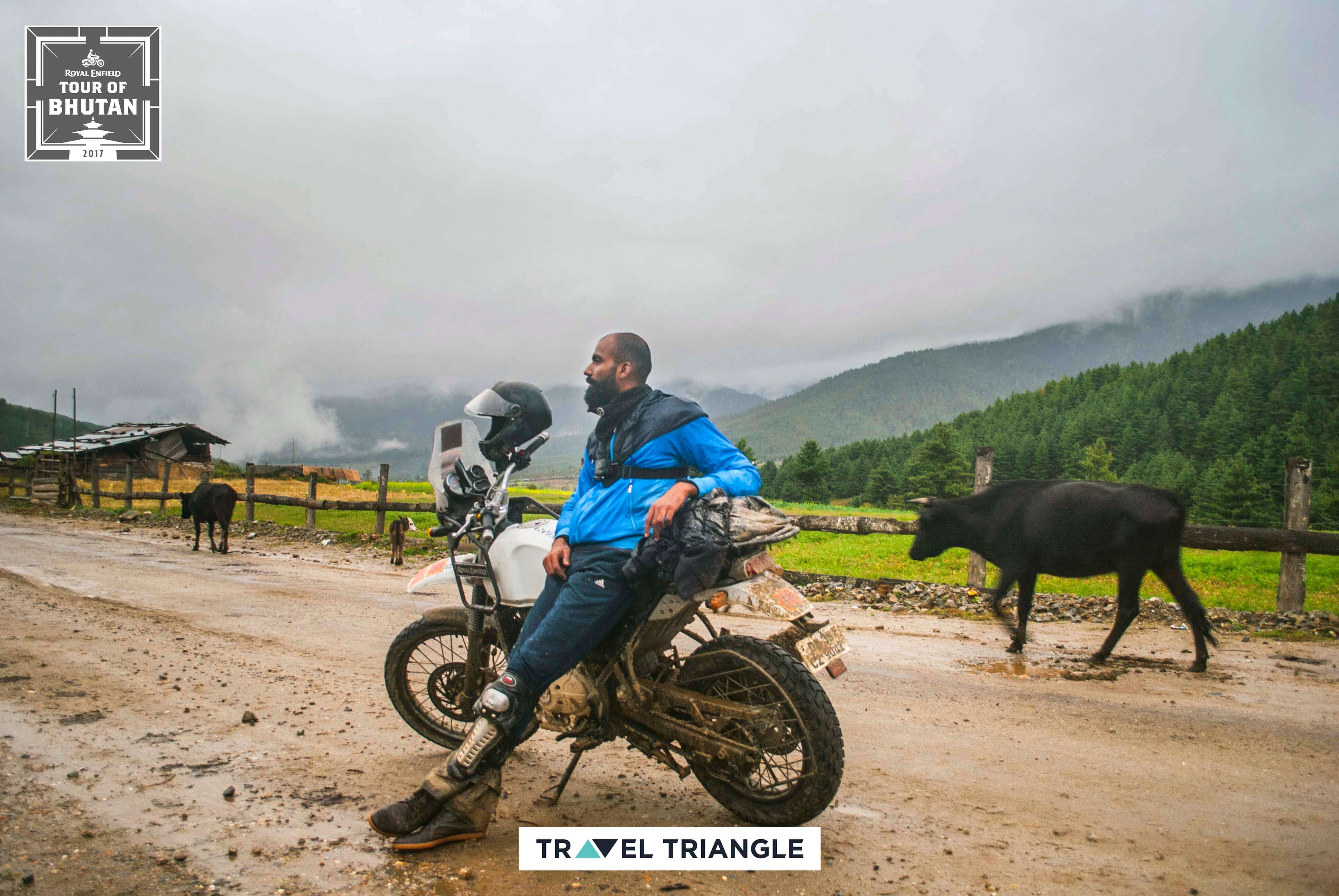 Phobjikha to Bumthang: Siddharth sitting on his bike in Bhutan