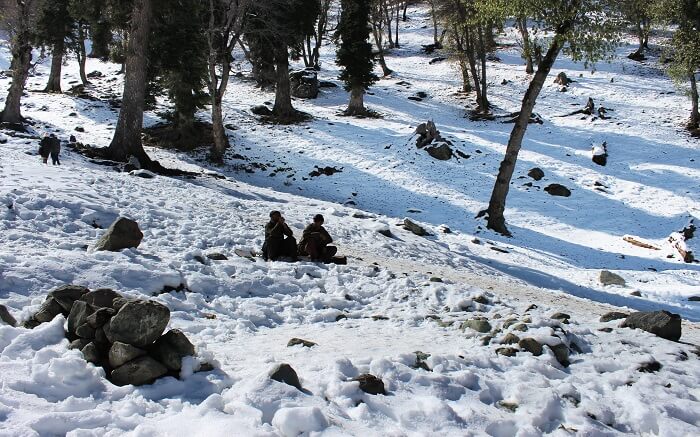 People sitting in the midst of the valley in Sonamarg covered in snow