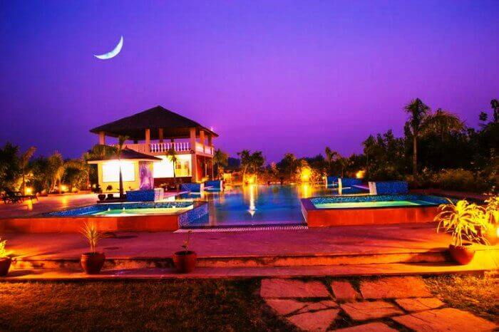 a well lit resort at night