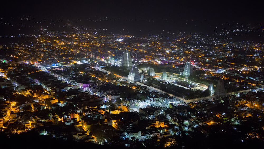 a town lit at night