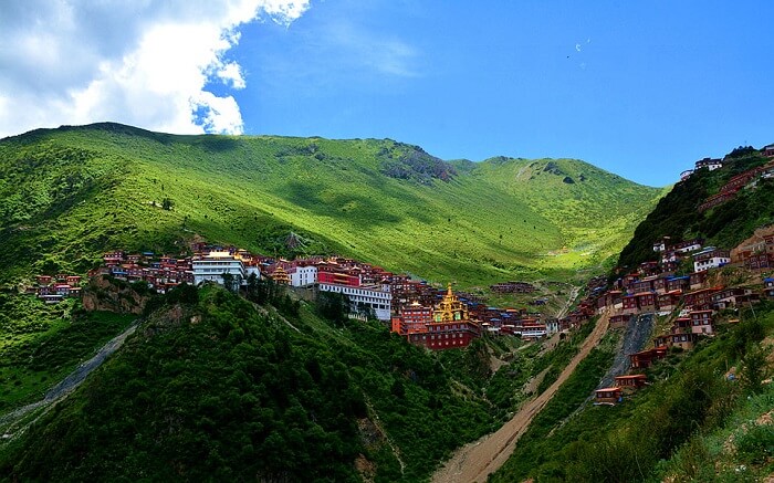A view of Kartok Monastery lying in the lap of hills in Sikkim