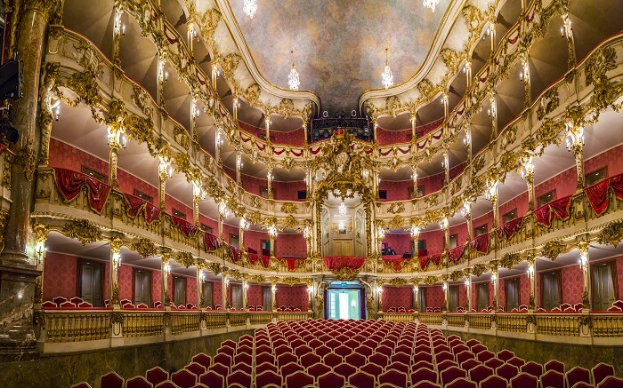 Inside of a beautifully designed and lit theater