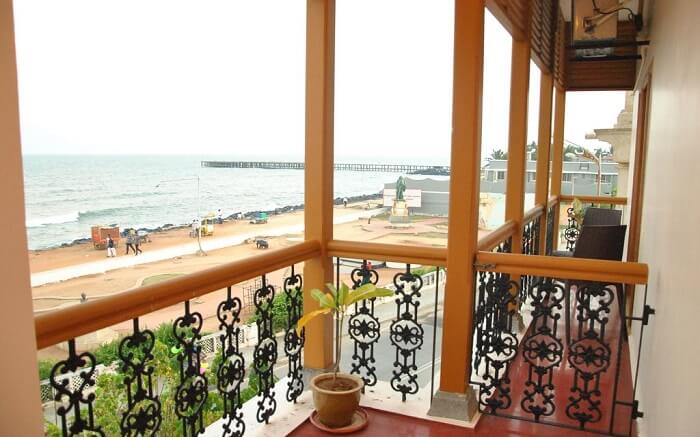 Views of ocean and beach from balcony of a hotel