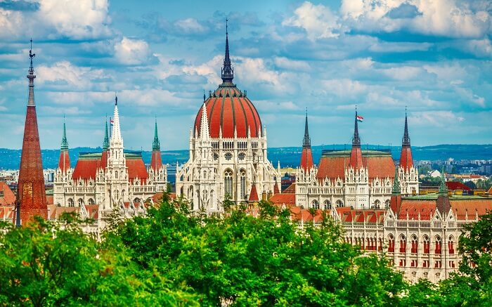 the beautiful parliament building with red tops