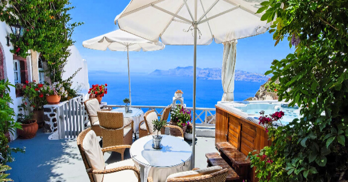 view of caldera from a hotel terrace