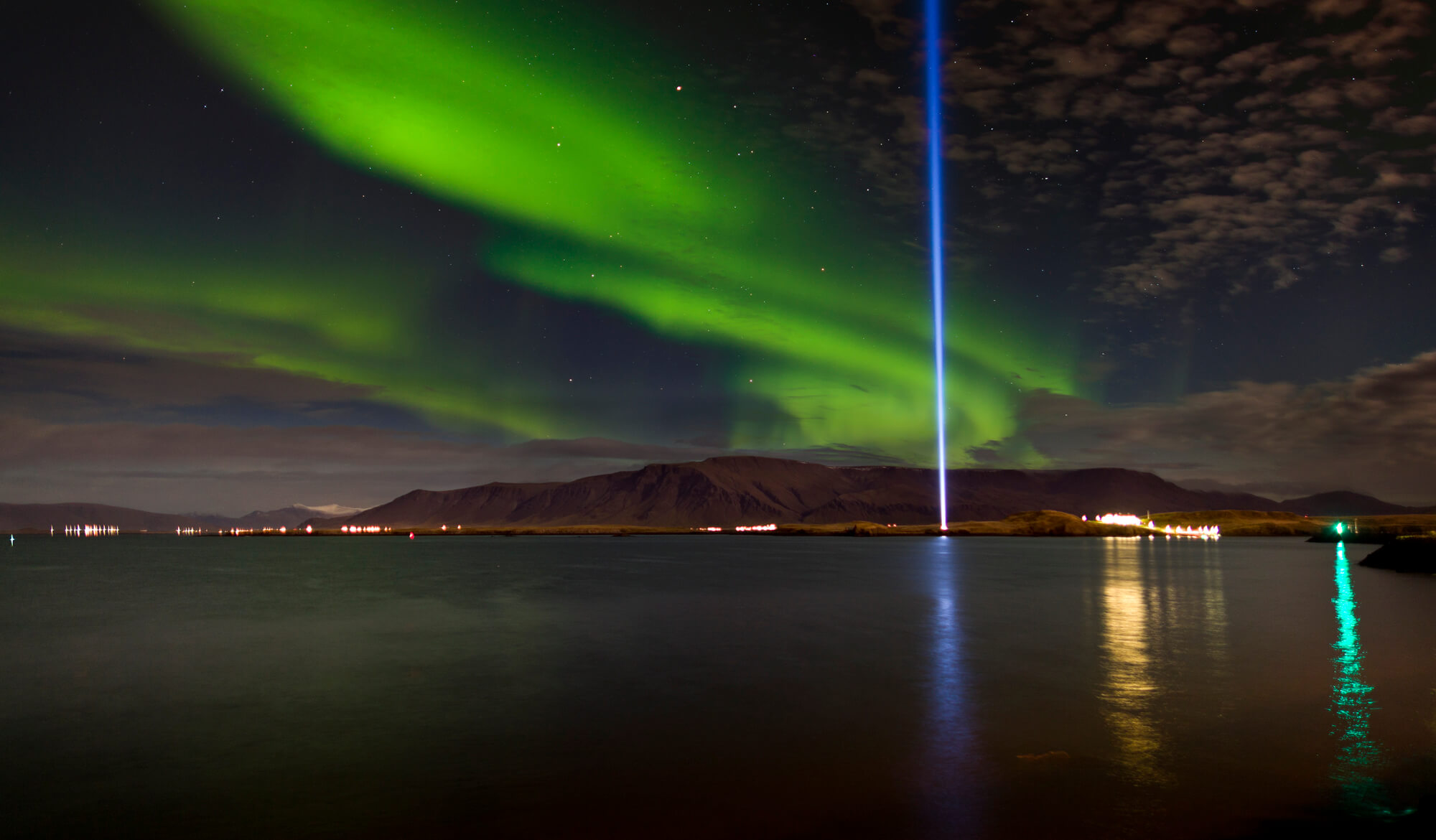 Imagine Peace Tower during northern lights