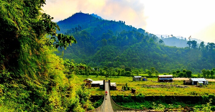 person crossing the bridge at chitwan national park