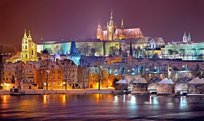 Night Snow Prague Castle Winter Prague